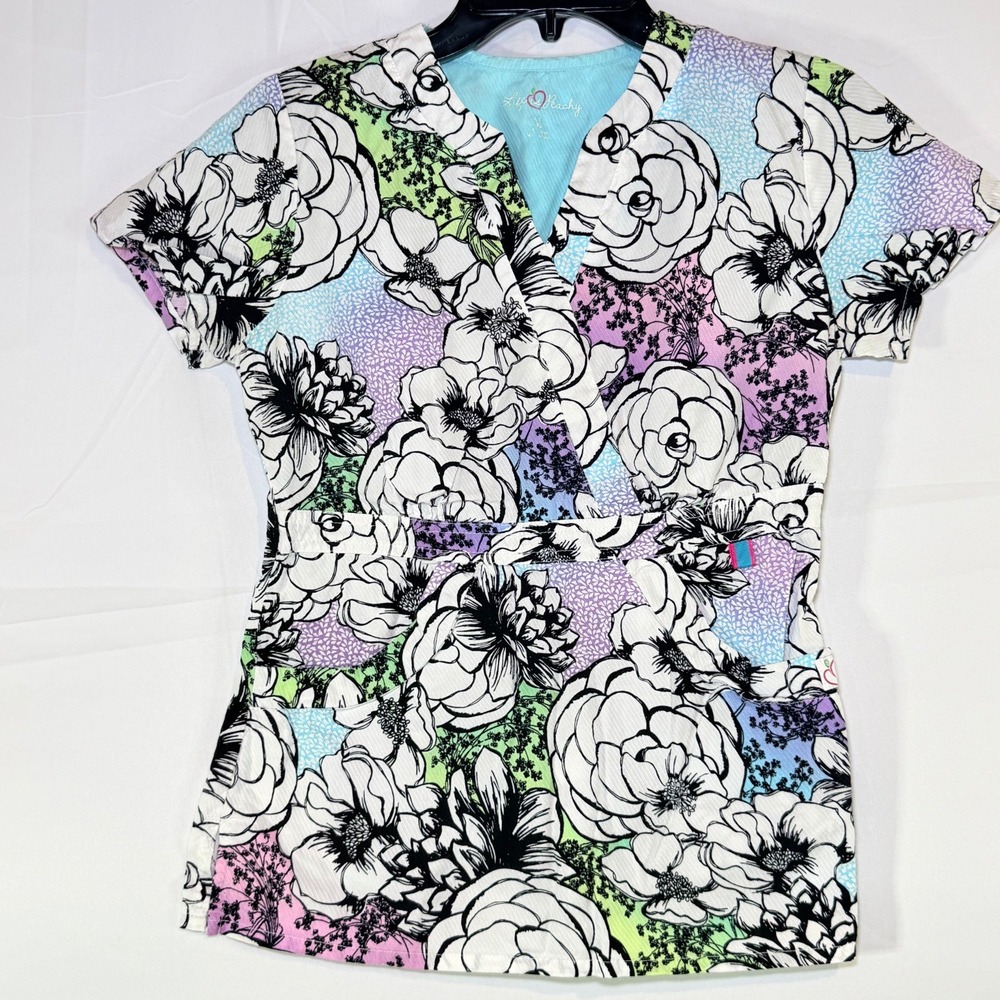Life‎ is Peachy Floral Print Scrub Top Size XS V-Neck Pockets